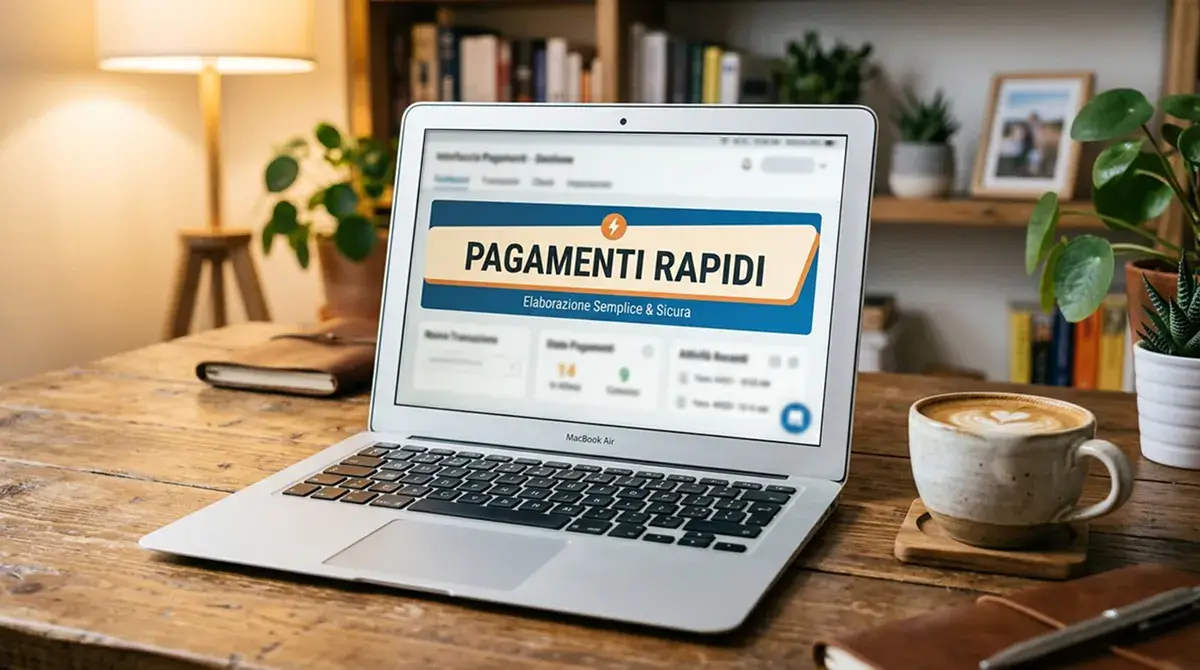 Schermata di laptop con banner generico di promessa 'veloce' accanto a tazza di caffè