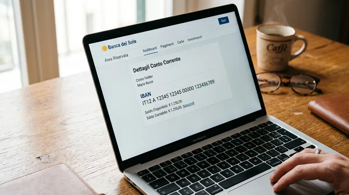 Schermata di laptop con dettaglio di una sezione 'IBAN' su una pagina di home banking generica