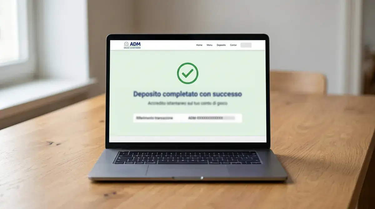 Conferma di accredito istantaneo del deposito sul conto di gioco con notifica di transazione riuscita