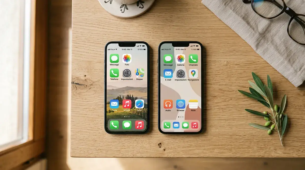 Due smartphone con interfacce simili ma diverse poggiati uno accanto all'altro su un tavolo chiaro