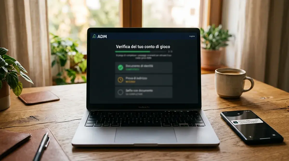 Pagina di verifica KYC del conto di gioco con caricamento di documenti e stato della verifica in corso