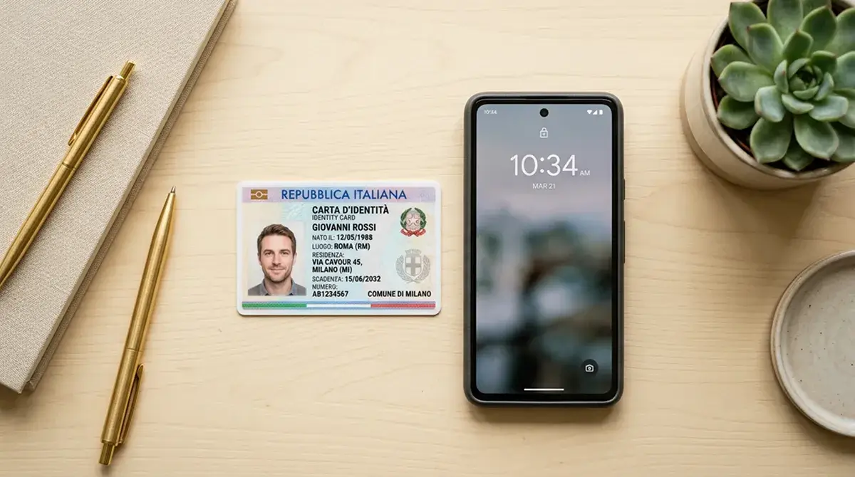 Documento d'identità generico e smartphone disposti ordinatamente su una superficie chiara