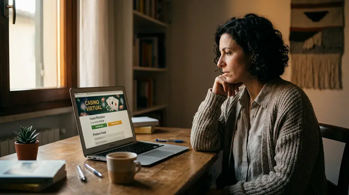 Persona che osserva pensosa lo schermo di un laptop con interfaccia di cassa di un casino online