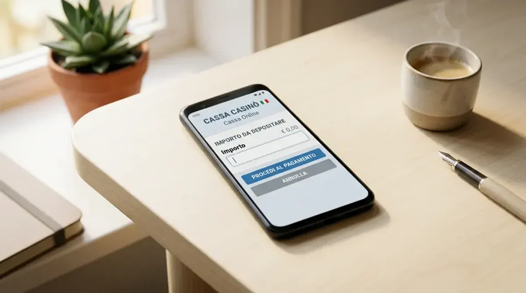 Smartphone con schermata di cassa di un casino online che mostra un campo importo di deposito vuoto