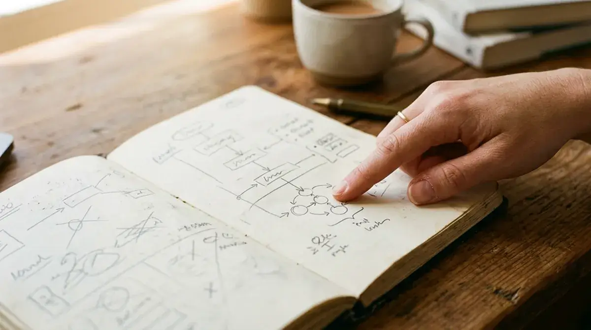 Mano che indica un punto su una mappa schematica disegnata a mano libera su quaderno