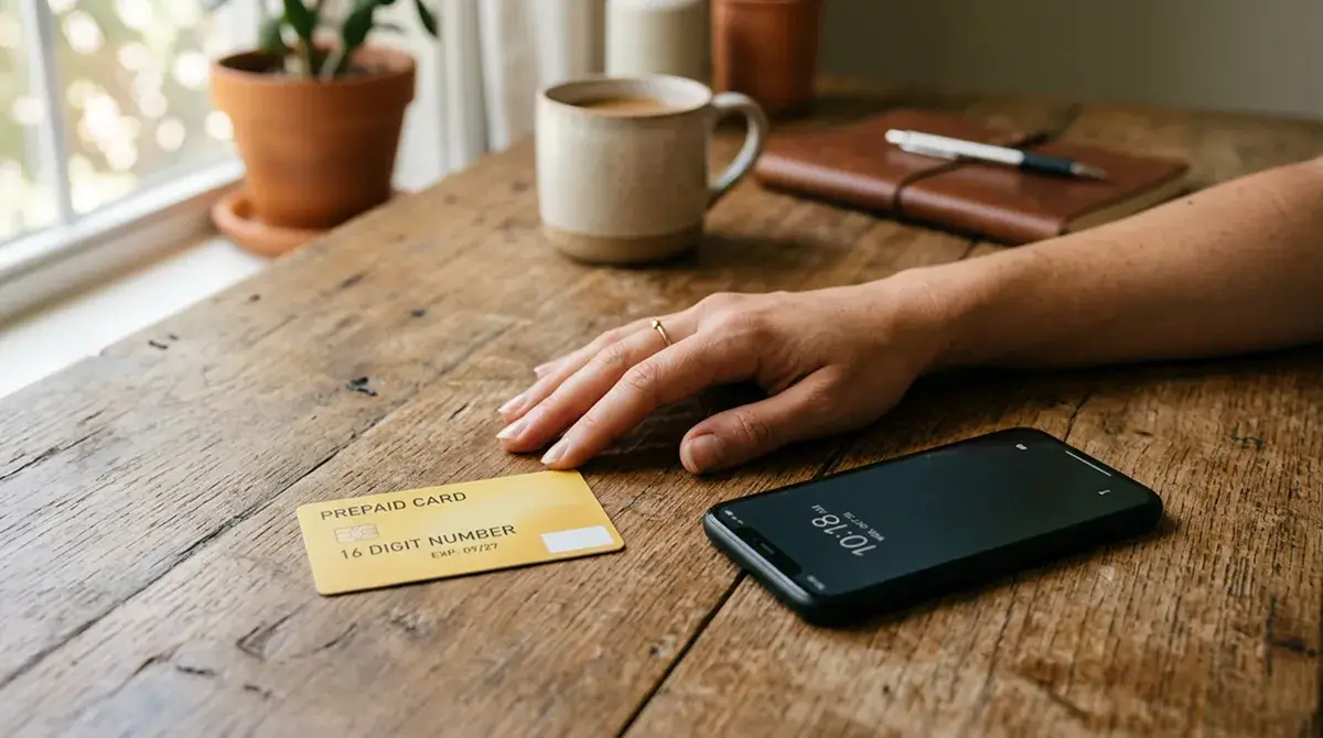 Mano che alterna sguardo tra una carta prepagata e uno smartphone su scrivania ordinata