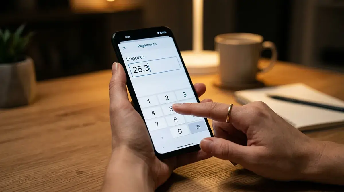 Mano che inserisce un importo piccolo su uno smartphone con tastiera numerica visibile