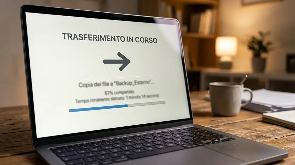 Schermo di laptop con interfaccia generica che mostra una freccia di trasferimento orizzontale