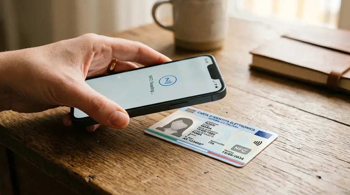Mano che appoggia uno smartphone su un documento d'identità per una lettura senza contatto