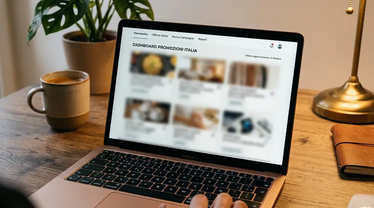 Schermata di laptop con dashboard generica che mostra alcune offerte di benvenuto in italiano