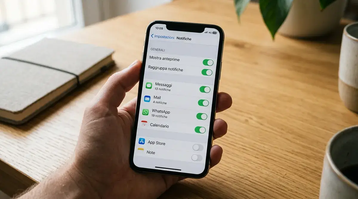 Smartphone con elenco di opzioni di notifica generiche con interruttori attivati o disattivati