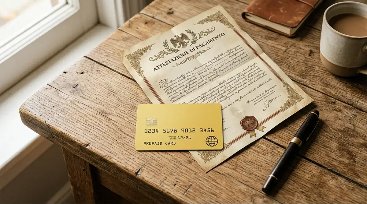 Generica carta prepagata gialla davanti a un documento cartaceo stilizzato sulla scrivania