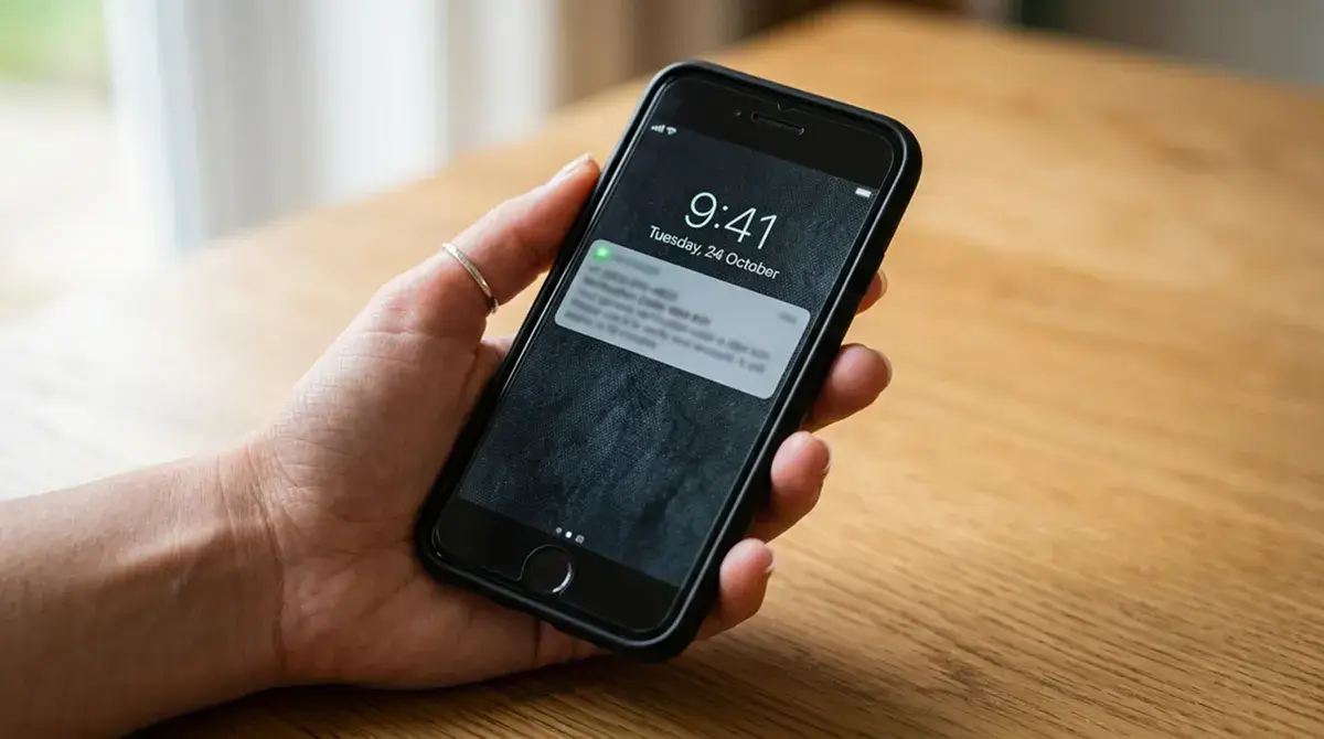 Mano che tiene smartphone con notifica SMS contenente un codice OTP per autenticazione di pagamento
