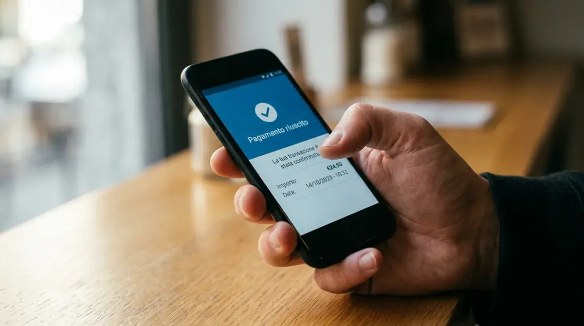 Mano che tiene uno smartphone con conferma di un pagamento generico riuscito