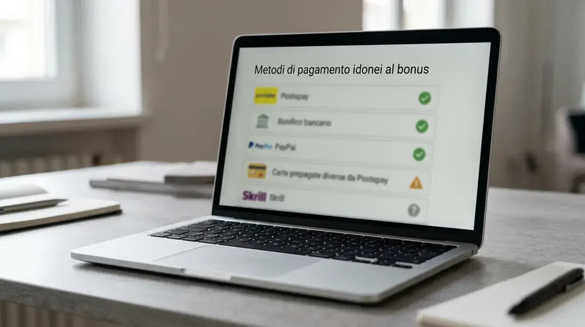 Sezione dei termini e condizioni di un bonus casino con elenco dei metodi di pagamento idonei tra cui Postepay