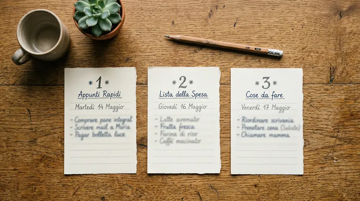 Tre fogli di carta sovrapposti con piccole annotazioni differenti su scrivania in legno