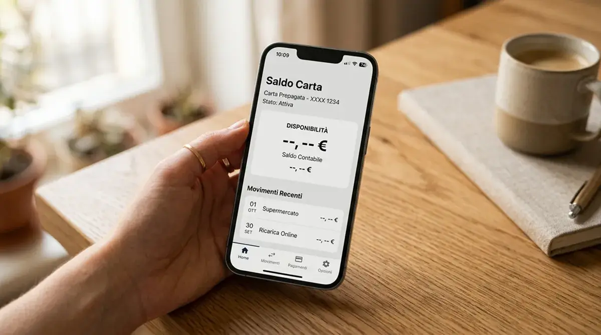 Schermata di smartphone con riquadro di saldo generico di una carta prepagata in italiano
