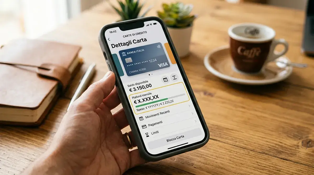 Schermata di app finanziaria che mostra in primo piano un riquadro relativo a un plafond mensile generico