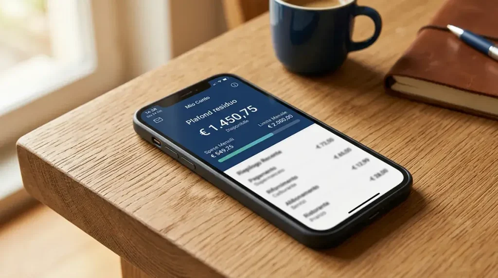 Schermo di smartphone con sezione di una carta prepagata che mostra plafond residuo e mensile