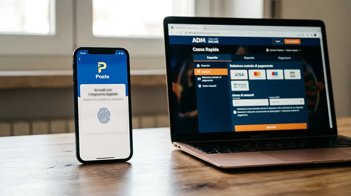 Smartphone con l'app Postepay aperta in modalità deposito e laptop affiancato con la cassa di un casino ADM