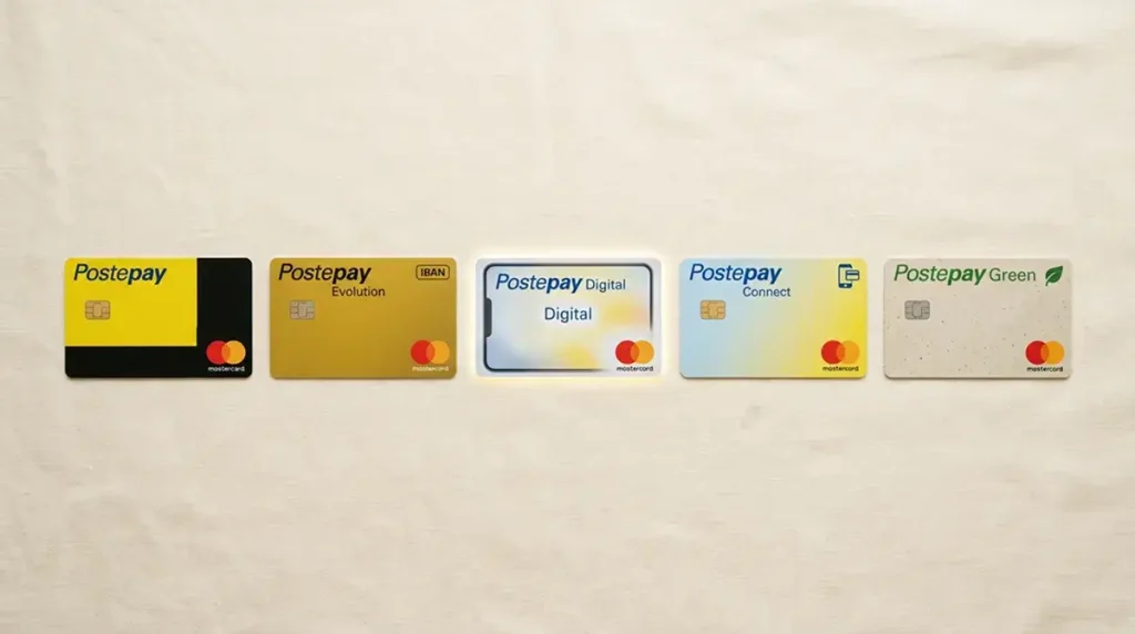 Cinque carte Postepay affiancate — Standard, Evolution, Digital, Connect e Green — con i rispettivi loghi e colori distintivi