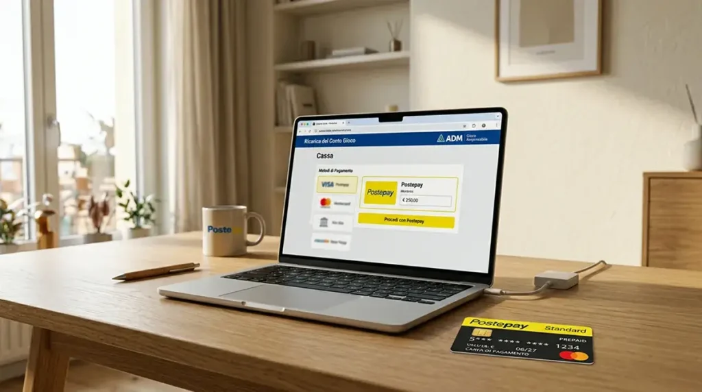 Schermata di cassa di un casino ADM con selezione del metodo Postepay e inserimento dell