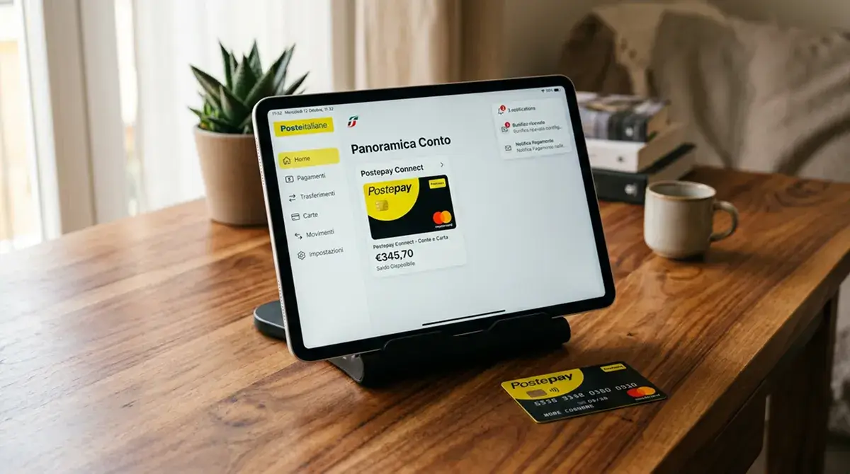 Postepay Connect mostrata come conto-carta ibrido con interfaccia simile a un home banking sul tablet