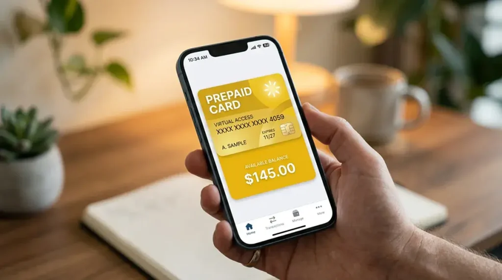 Smartphone con schermata che visualizza una rappresentazione di una carta prepagata virtuale gialla