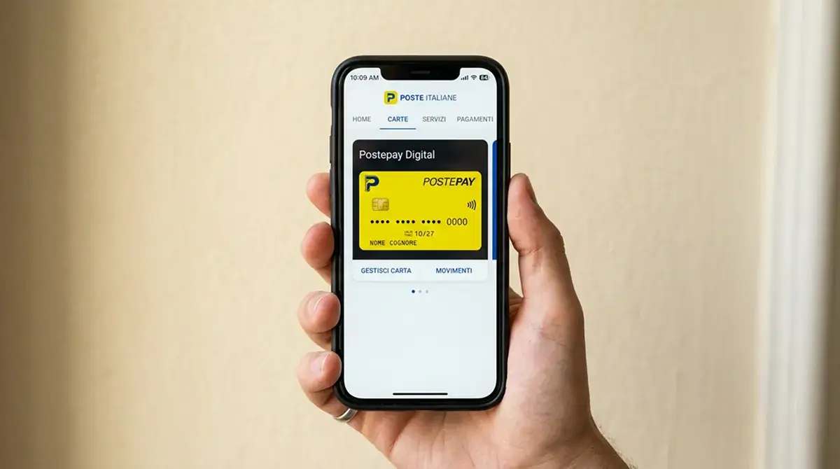 Carta Postepay Digital virtuale visualizzata sullo schermo di uno smartphone tramite l'app dedicata di Poste