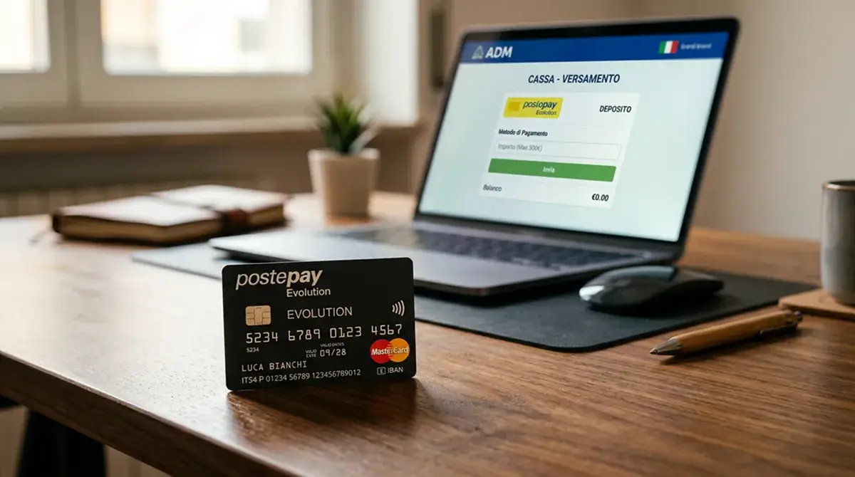 Postepay Evolution con IBAN integrato in primo piano accanto a una schermata di pagamento online del conto gioco