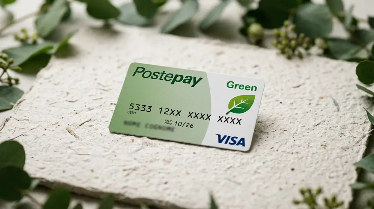 Postepay Green realizzata in plastica riciclata con il logo distintivo verde su sfondo naturale