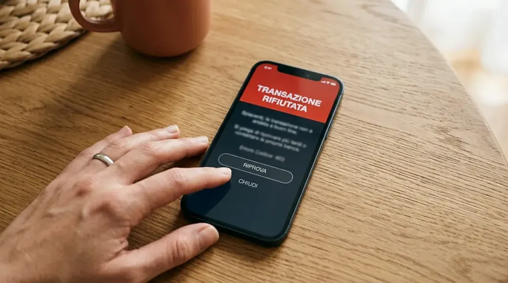 Smartphone con schermata di errore di pagamento e notifica di transazione rifiutata