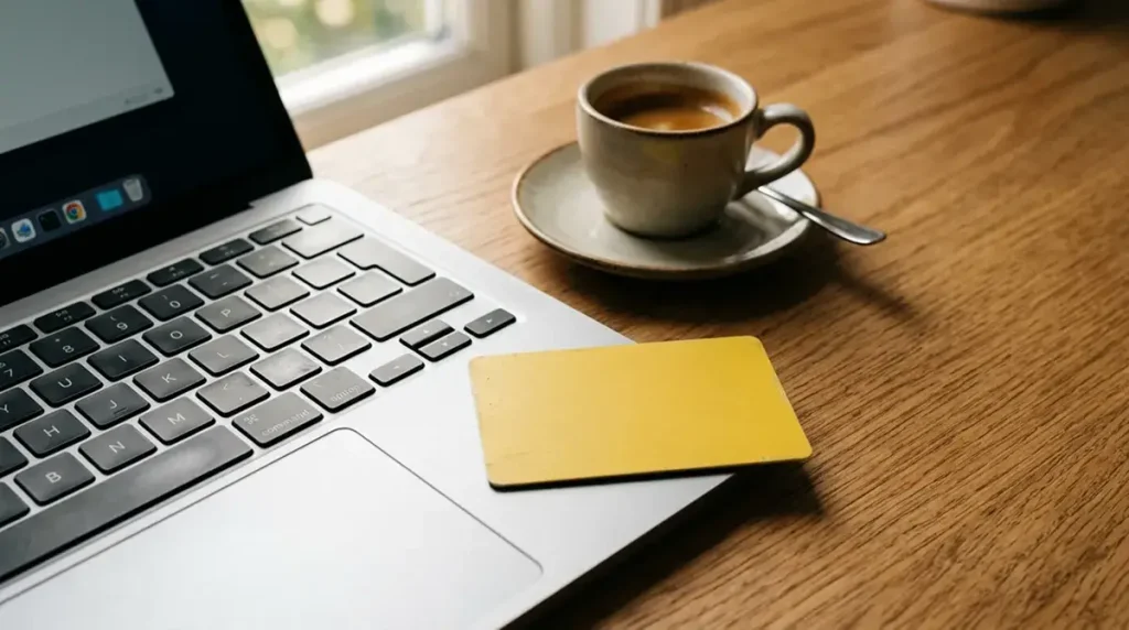 Generica carta prepagata gialla appoggiata accanto a una tastiera di laptop e una tazza di caffè