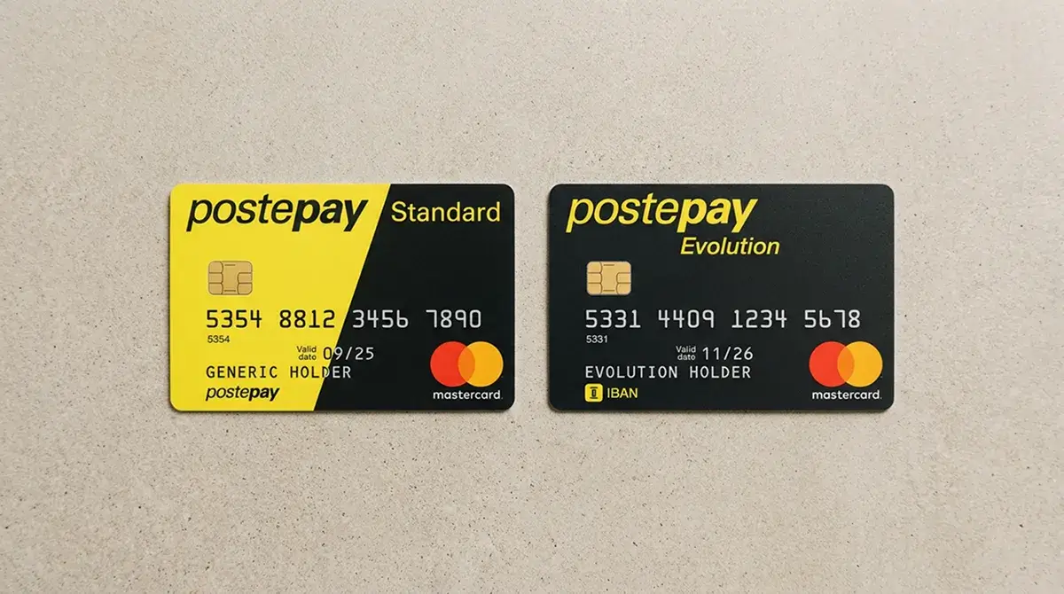 Postepay Standard e Postepay Evolution affiancate per il confronto dei limiti di plafond e accredito