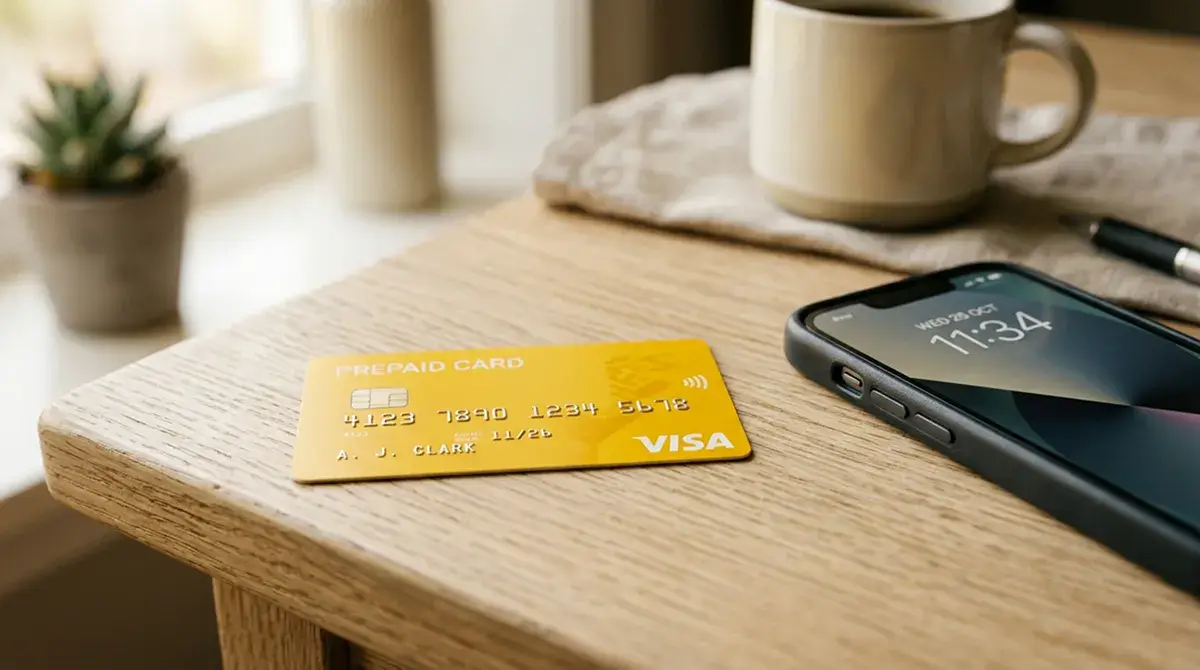 Generica carta prepagata di colore giallo posata su un tavolo in legno chiaro accanto a uno smartphone