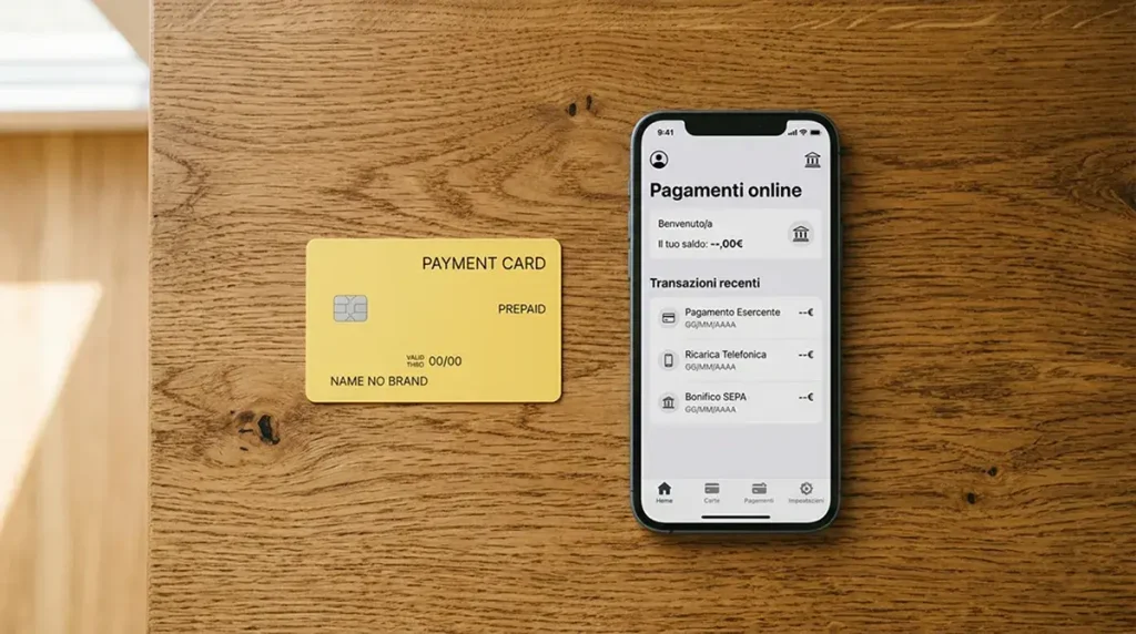 Generica carta prepagata gialla e uno smartphone con app di pagamento online disposti uno accanto all