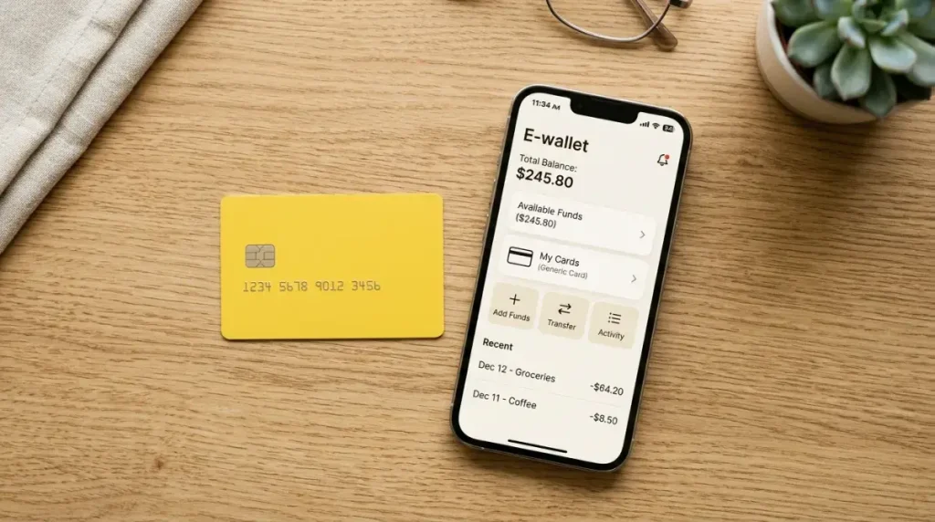 Generica carta prepagata gialla accanto a uno smartphone con interfaccia di portafoglio elettronico straniero