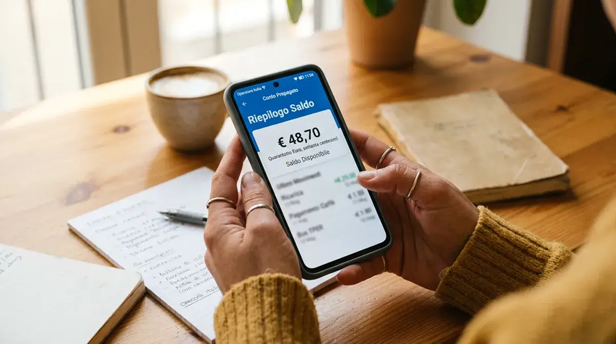 Persona controlla il saldo aggiornato della propria carta prepagata sull'app dello smartphone