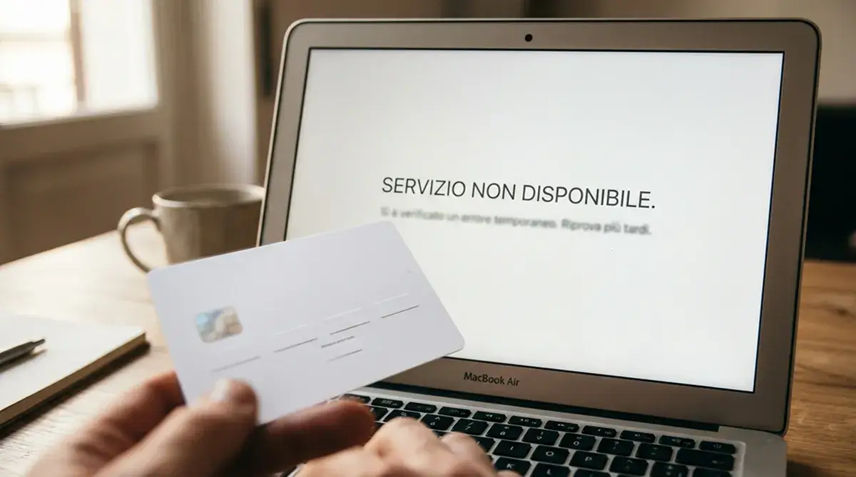 Generica carta prepagata bianca davanti a uno schermo di laptop con messaggio in italiano