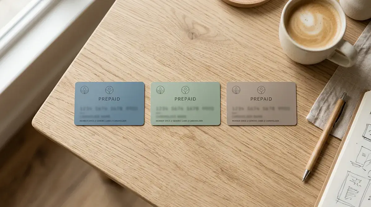 Tre carte prepagate generiche di colori diversi appoggiate su scrivania in legno chiaro
