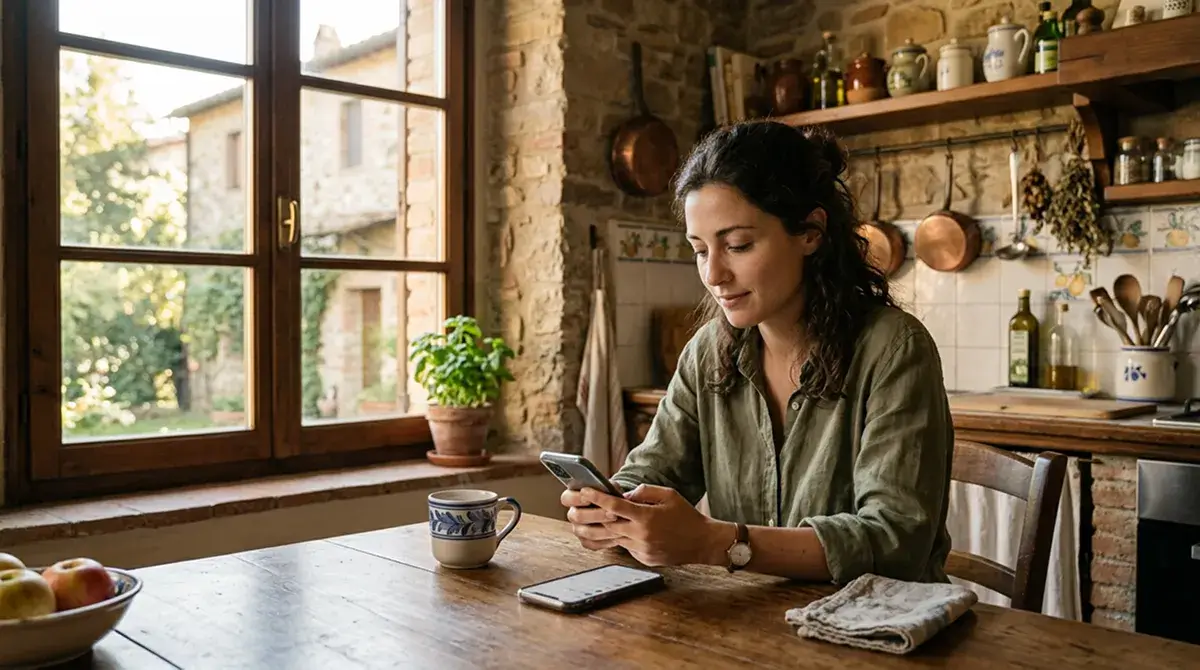 Persona seduta a un tavolo da pranzo che usa lo smartphone con espressione tranquilla