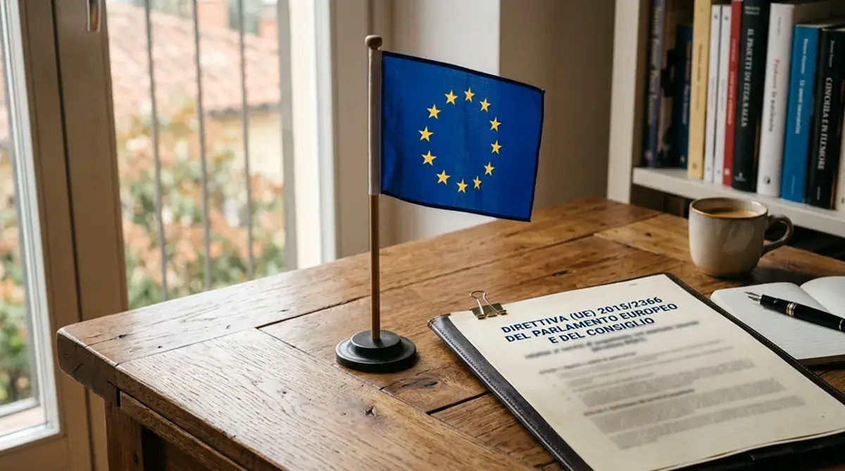 Bandiera dell'Unione europea ondeggia accanto a un documento normativo cartaceo su un tavolo