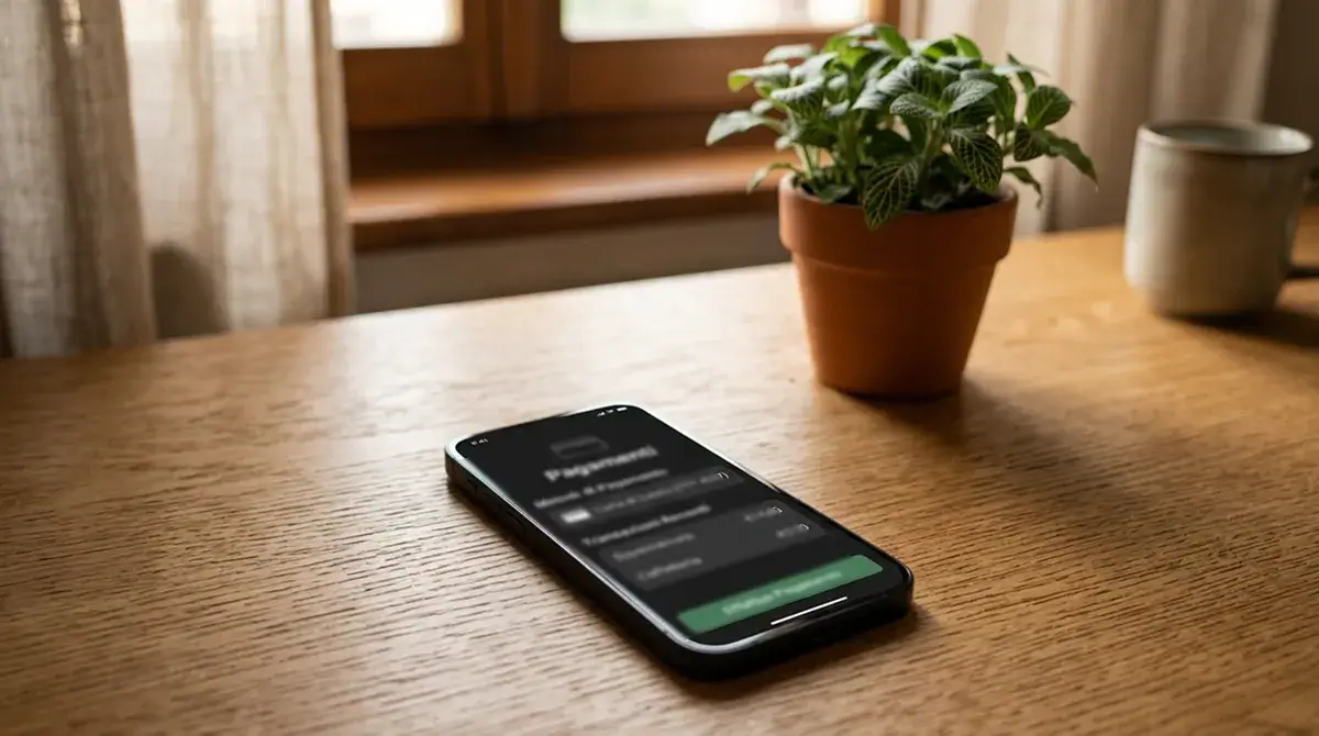 Smartphone con interfaccia neutra di pagamento davanti a una piantina su scrivania luminosa
