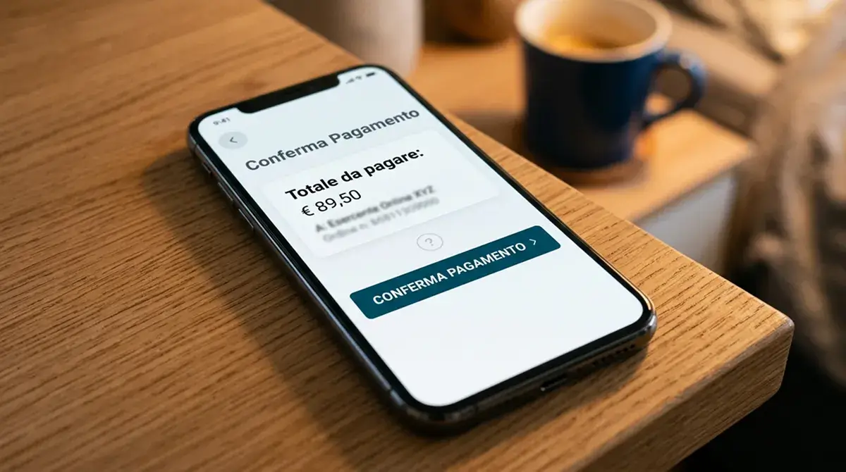 Smartphone con un'icona di un punto interrogativo sopra un'interfaccia di pagamento generica