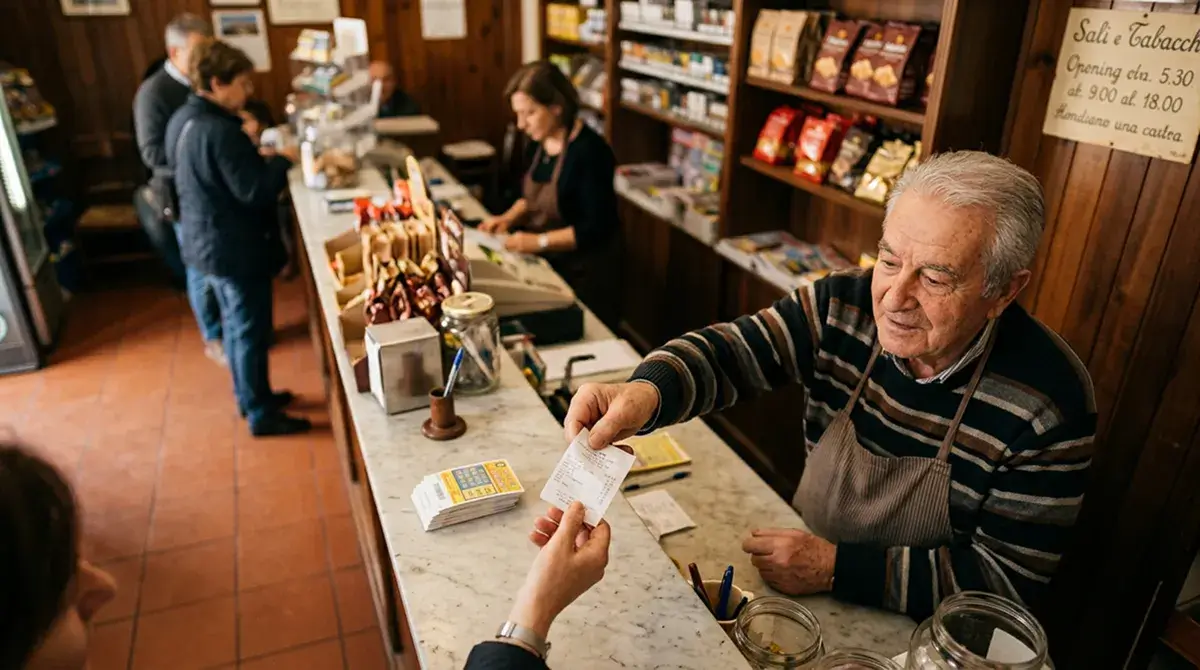 Cliente al banco di una tabaccheria italiana riceve una ricevuta cartacea di pagamento