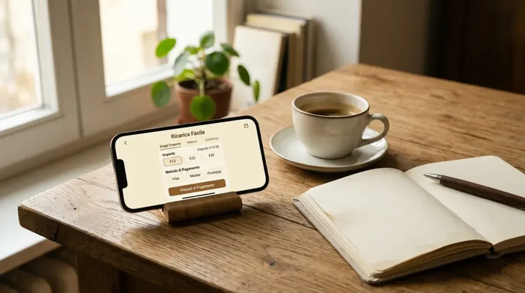 Smartphone con app di ricarica Postepay aperta accanto a una tazza di caffè su scrivania in legno