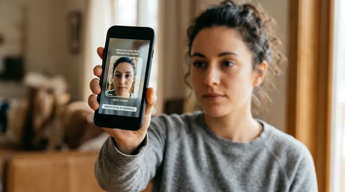 Persona di fronte alla fotocamera frontale di uno smartphone durante una verifica di identità