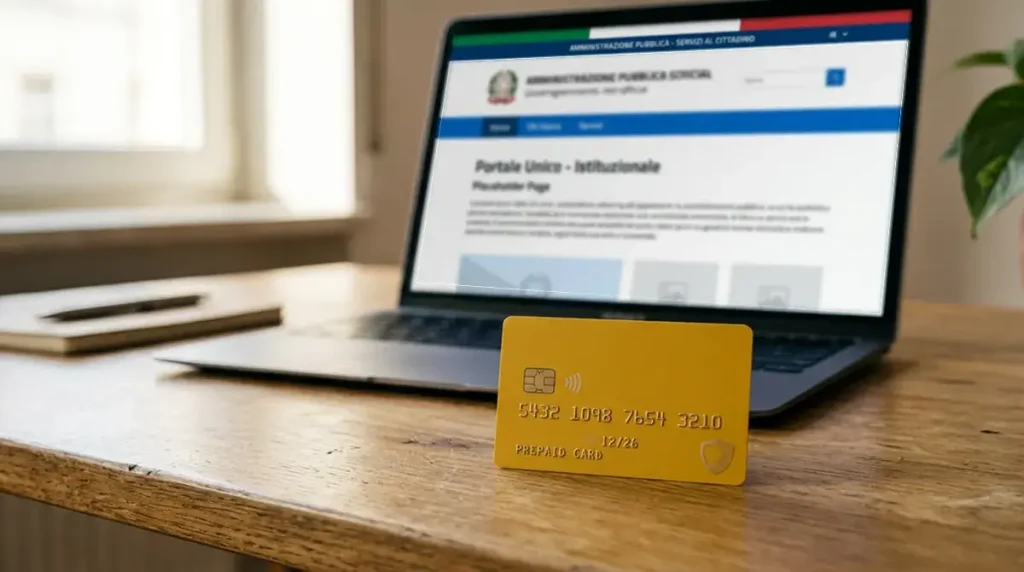 Generica carta prepagata gialla accanto a un laptop con sito istituzionale italiano sfocato sullo sfondo