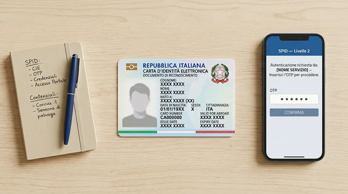 Documenti per l'identificazione SPID di livello 2 e CIE poggiati su una scrivania accanto a uno smartphone