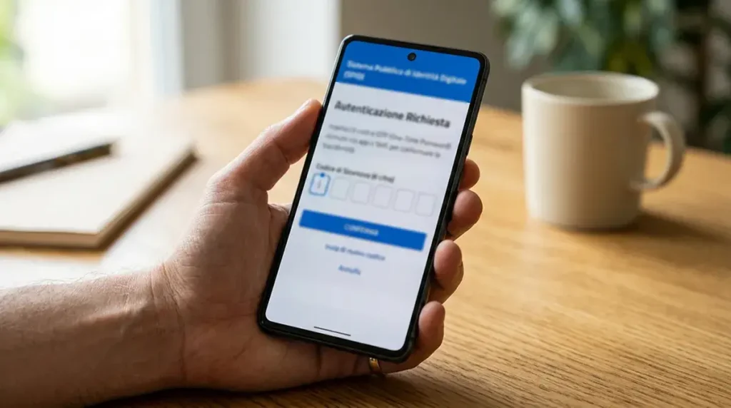 Schermata di smartphone con schermata di autenticazione SPID e codice OTP in arrivo